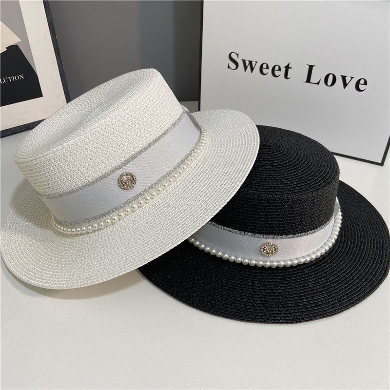 Classy Elegant Ladies M Label Pearl Flat Top Hat French Light Mature
