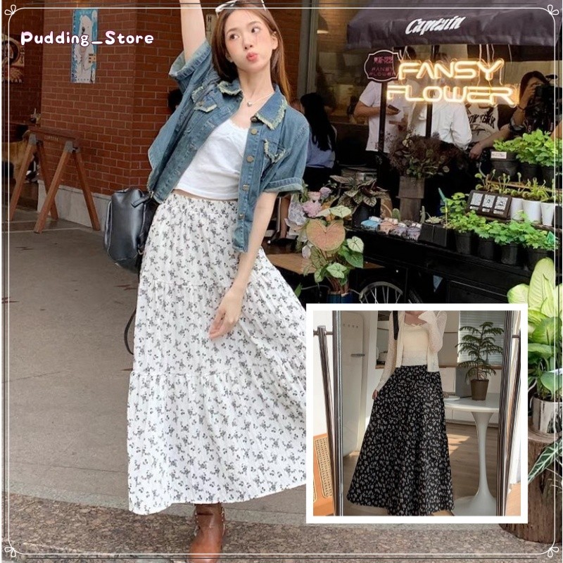 Pudding_Store~กระโปรงดอกไม้หักครึ่งตัวกระโปรงลายดอกไม้ผ้าฝ้ายสีดำและสี ...