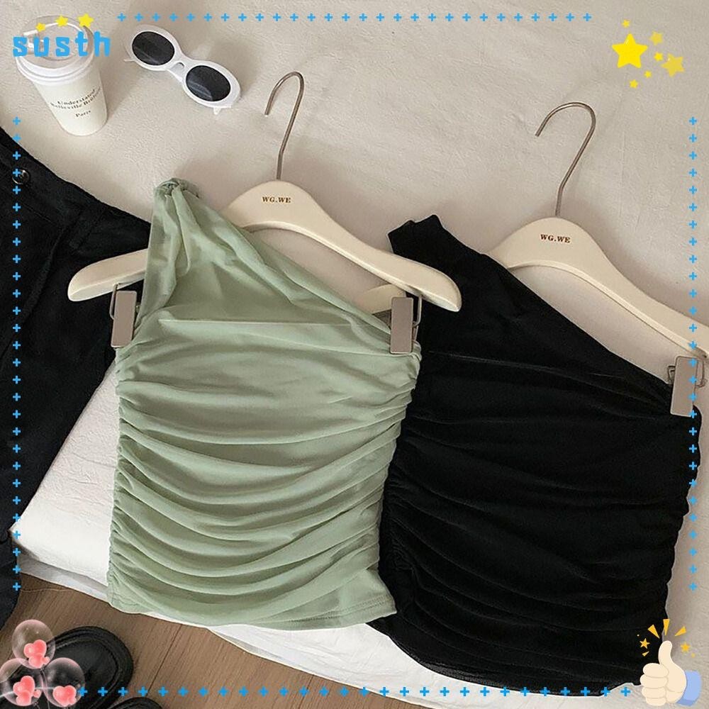 Susth Tank Top, Solid Color Sloping ไหล ่ เสื ้ อยืด , Neckless