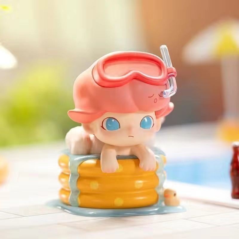 P POPMART คุณภาพสูง Dimoo Pet Vacation Series Mystery Box รูปเดสก์