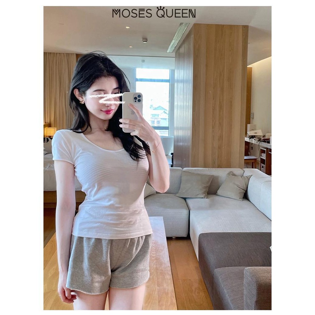 Moses Queen U-คอ Slim เสื้อยืดแขนสั้นสุภาพสตรีฤดูร้อน 2025 ใหม่ไหล่ ...