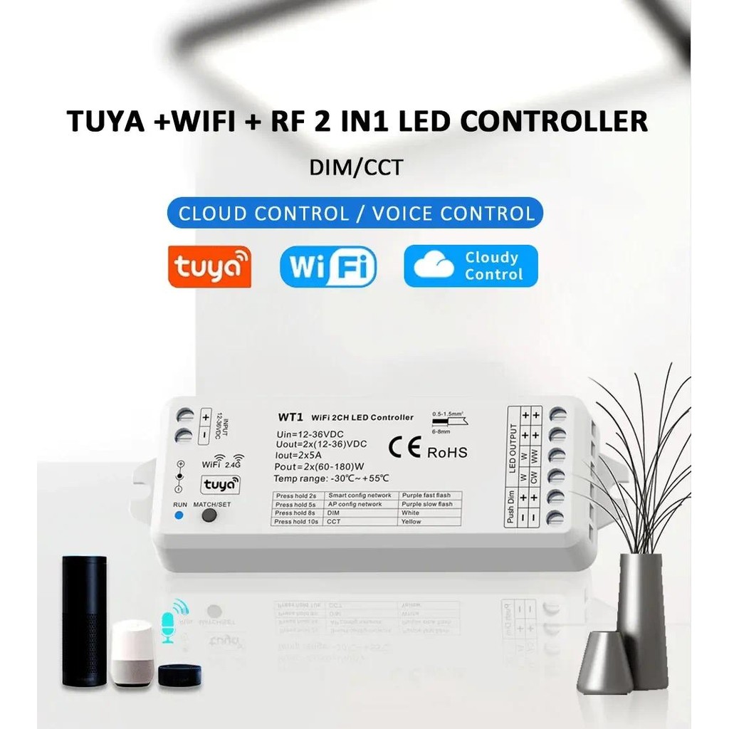 Tuya Wifi 2in1 LED Controller DC12V 24V 2CH 10A Smart Life Voice Push ...