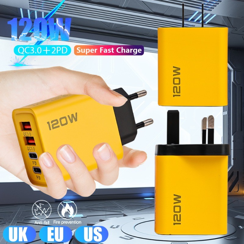 4 พอร์ต Dual PD USB Charger Head - 120W QC3.0 Super Fast Charging - EU ...