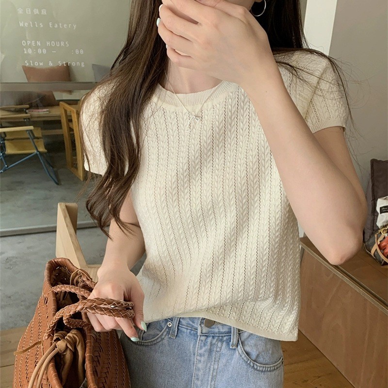 ผ้าไหมน้ําแข็งกลวงเสื้อยืดถักเสื้อขนาดเล็กผู้หญิงแขนสั้นฤดูร้อนสไตล์ ...