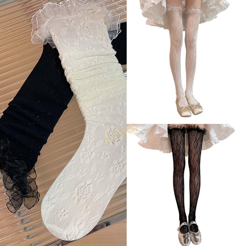 Xgb ผู้หญิงดอกไม้รูปแบบ Fishnet Ruffle Lace Trim Frilly ต้นขาถุงน่องยาว ...