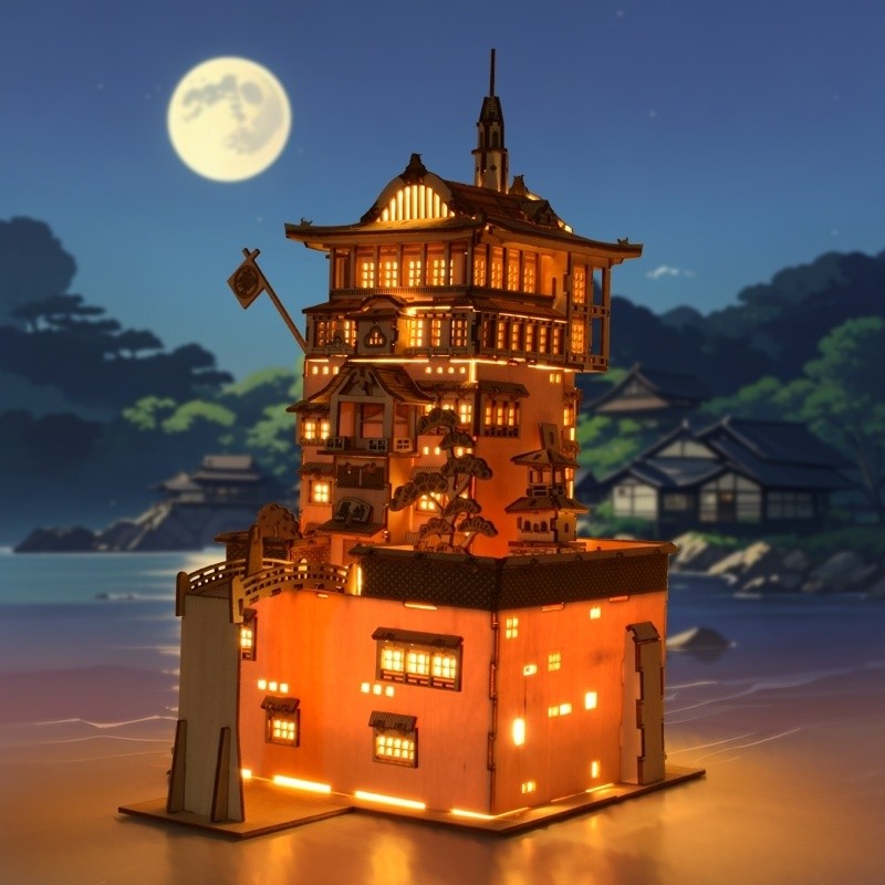 ไม้ Hayao Miyazaki ประกอบอาคารบล็อกซุป Granny Hot Spring Hall Spirited ...