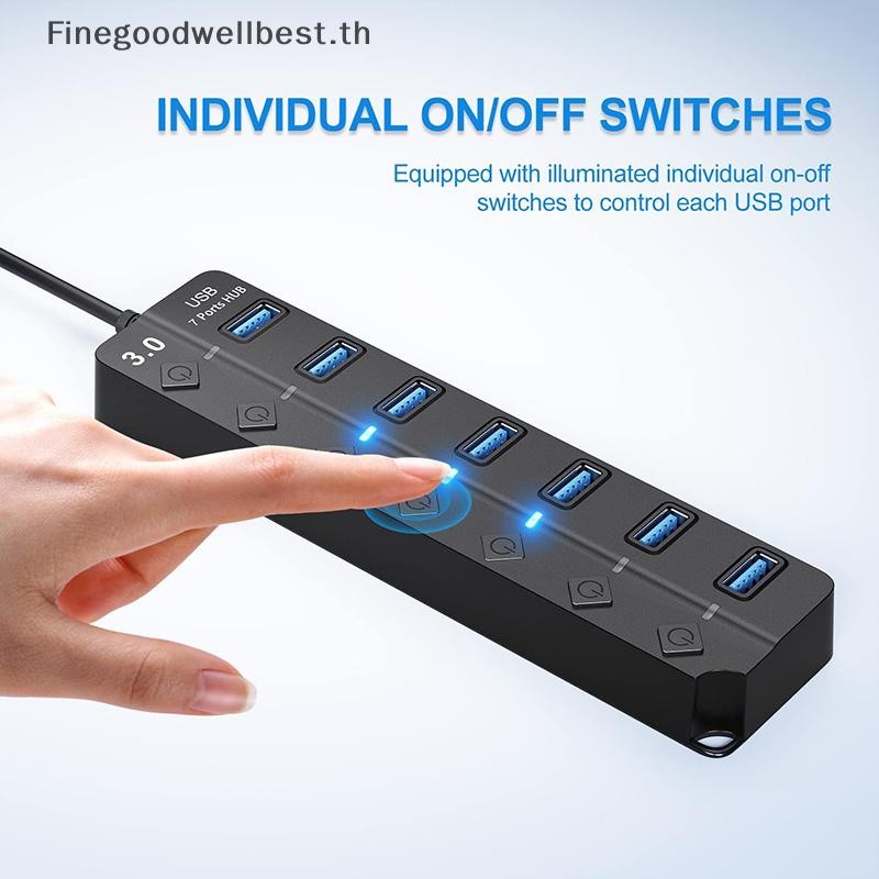 Fbth 7 พอร์ต USB 3.0 Hub 5Gbps พร้อมอะแดปเตอร์แปลงไฟและสวิตช์, สายยาว ...