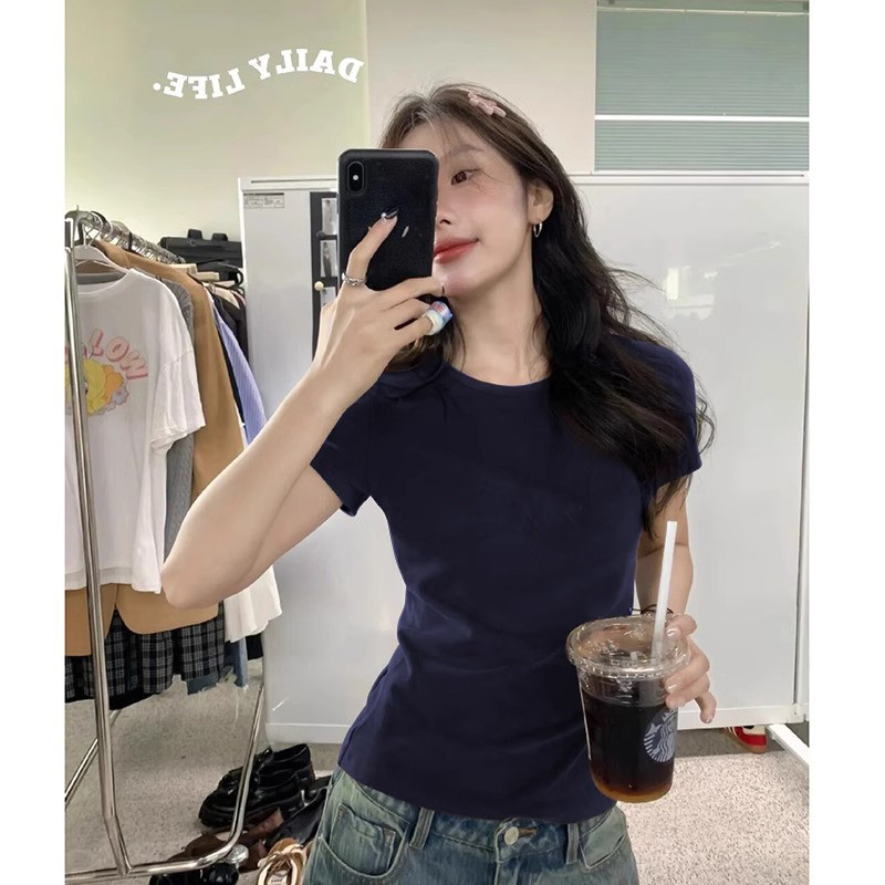 ทีเสื้อผู้หญิงฤดูร้อน2025สั้นเข้ารูปสไตล์ใหม่คอกลมเวอร์ชั่นเกาหลีด้านบน ...