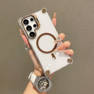 SAMSUNG พร้อมเลนส์โลหะขาตั้งกันกระแทกเคสโทรศัพท์แม่เหล็กสําหรับSamsung Galaxy S25 S24 S23 S22 Ultra S24 S25 Plus FEสี่มุมAnti-Dropปลอก PCโปร่งใสปกหลัง