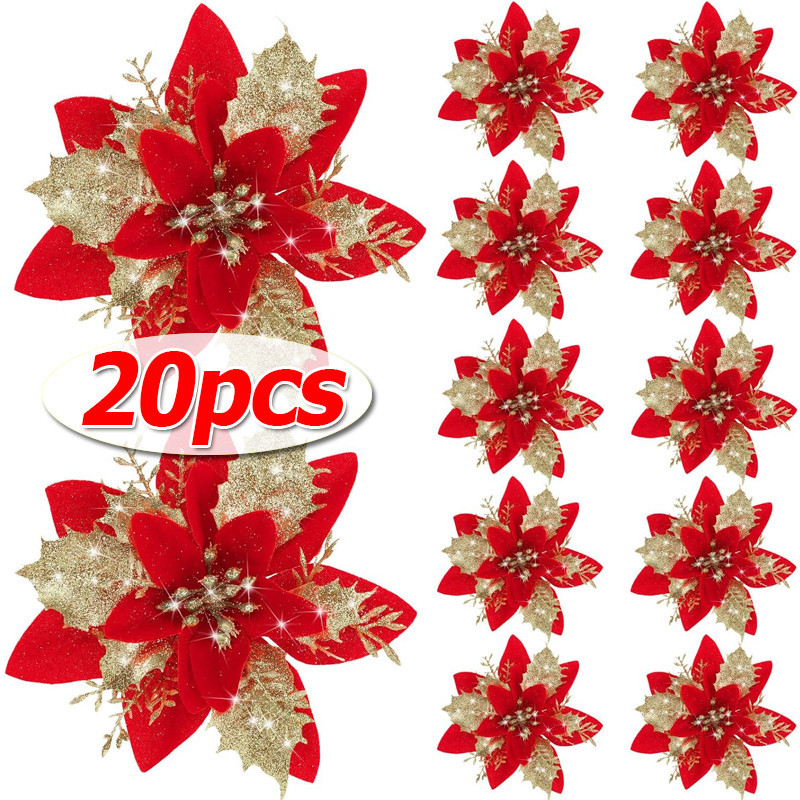 5/10/20 ชิ้นประดิษฐ์ Poinsettias คริสต์มาส Glitter ดอกไม้/ต้นคริสต์มาสดอกไม้เครื่องประดับ
