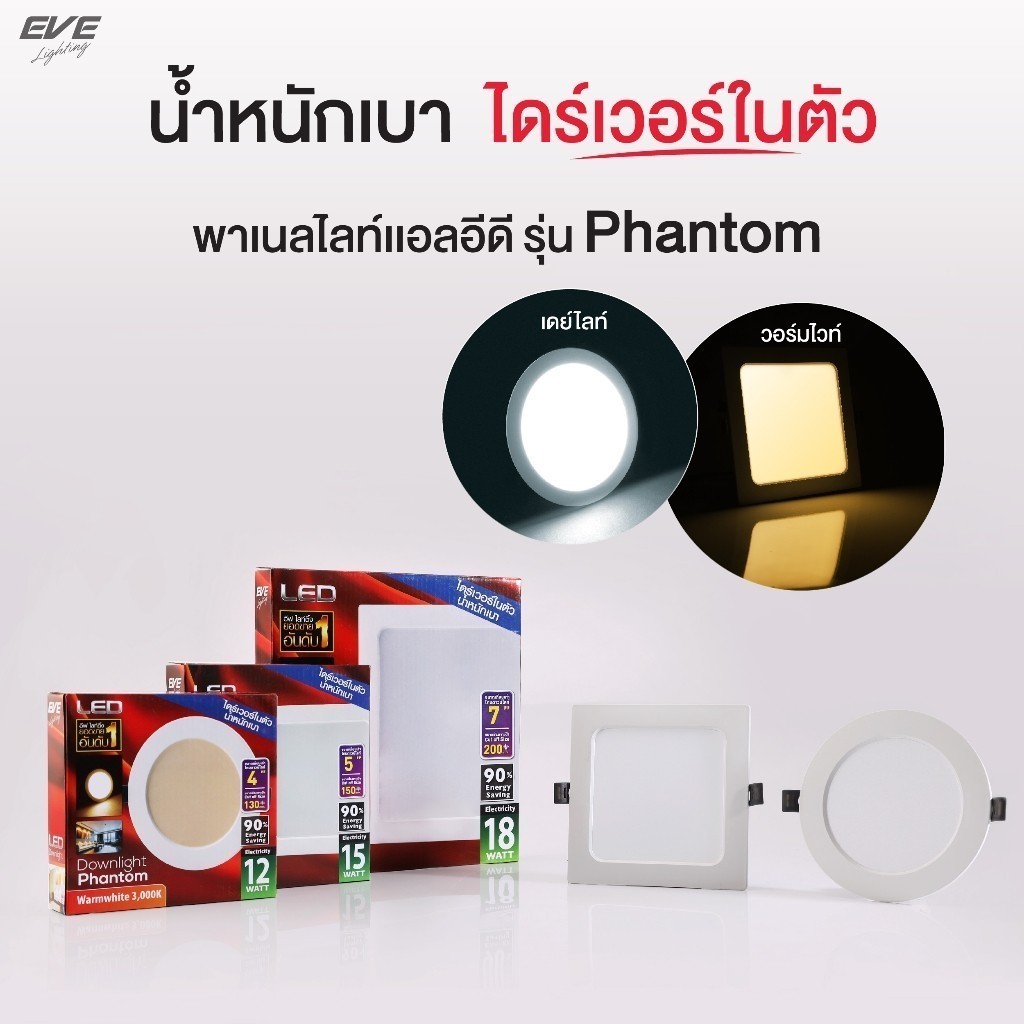 โคมดาวน์ไลท์ LED รุ่น Phantom หน้ากลม/เหลี่ยม 12W 15W 18W ระยะเจาะ 4, 5 ...