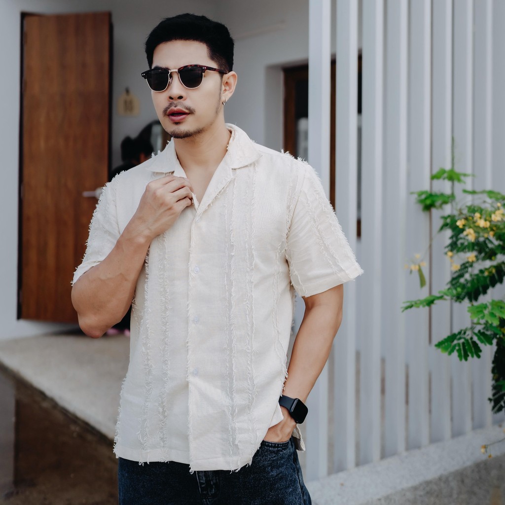 เสื้อผ้าแฟชั่น เสื้อผ้าฝ้ายสลาฟตัดขนทรงฮาวาย Over Size No.45ขาว