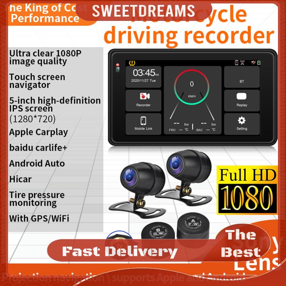 รถจักรยานยนต์ขนาด 5 นิ้ว DVR Wireless Carplay Android Auto HD 1080P กัน ...