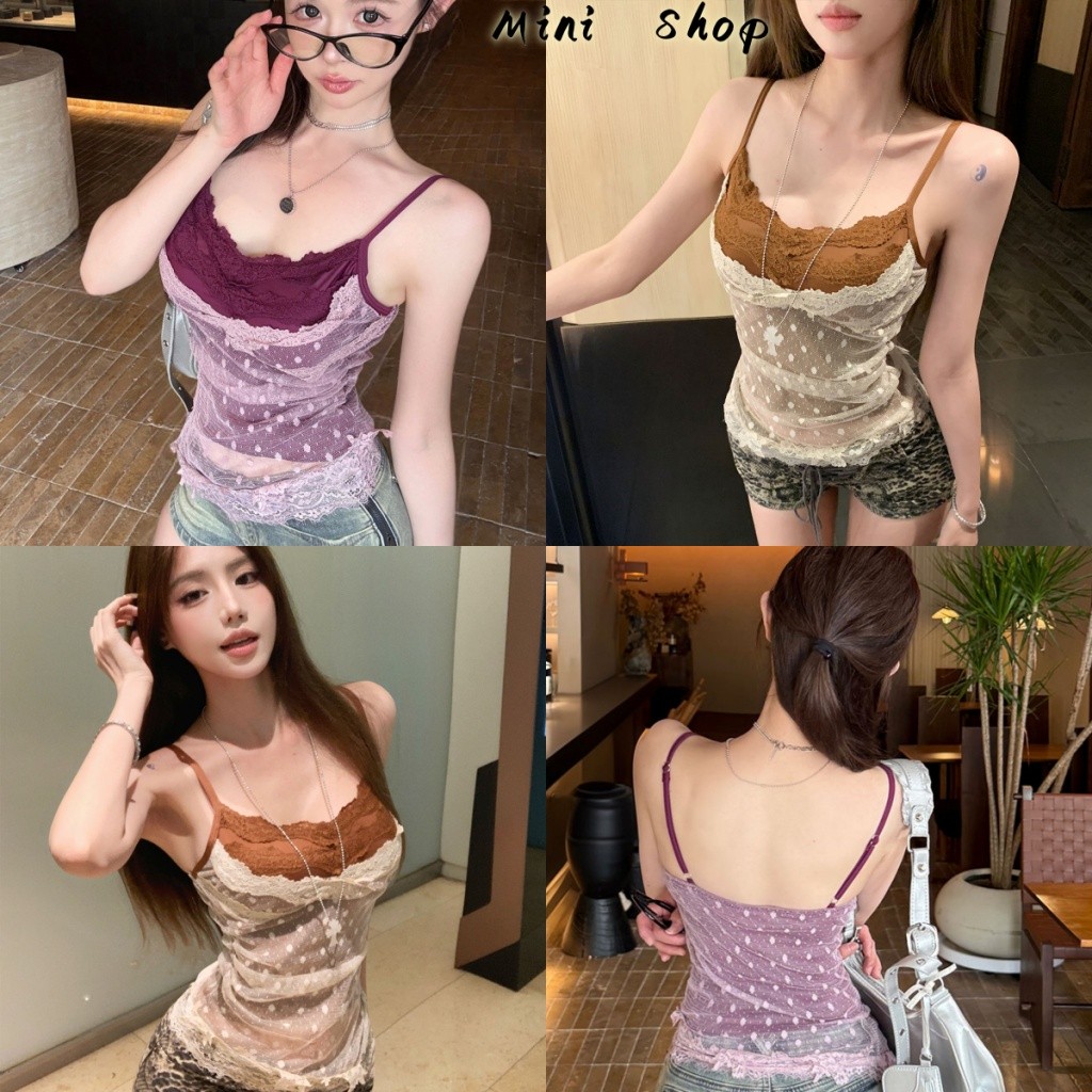 Mini shop🌸พร้อมส่ง🌸(FY1956)เสื้อสายเดี่ยว ลายลูกไม้ผ้านิ่ม น้ำตาลม่วง ...