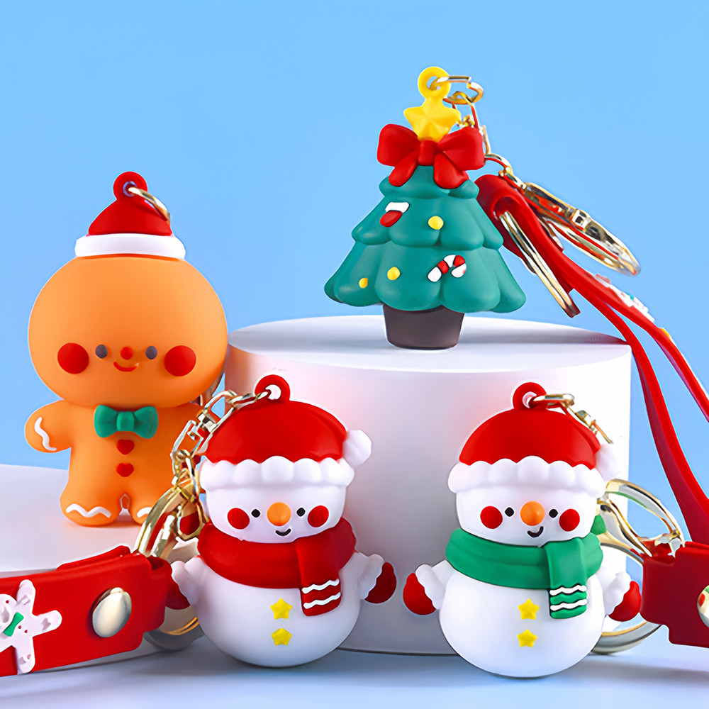 การ์ตูนคริสต์มาสพวงกุญแจ PVC Santa Snowman Gingerbread Man Tree โลหะ ...