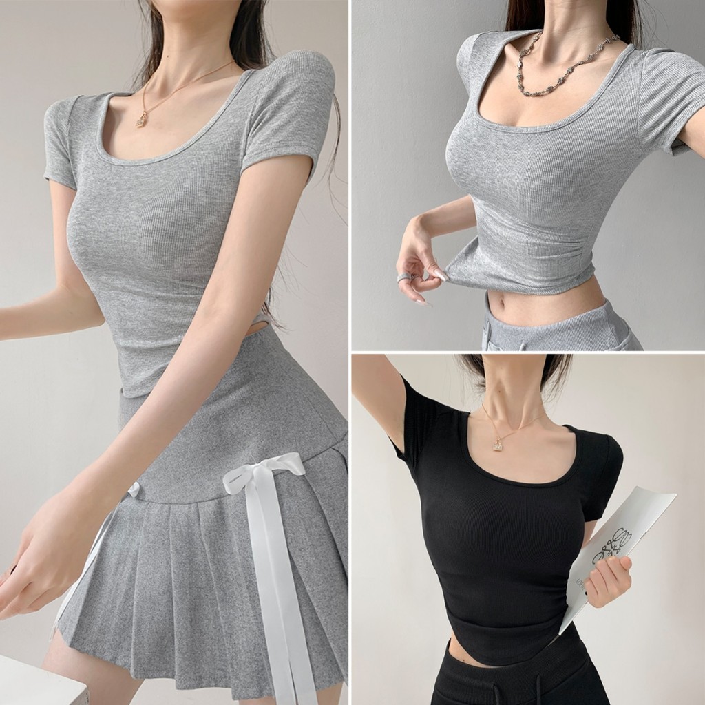 Betty house🌸พร้อมส่ง เสื้อครอปแฟชั่น ผ้ายืดลายทางเกลียว เสื้อยืดรัดรูป ...