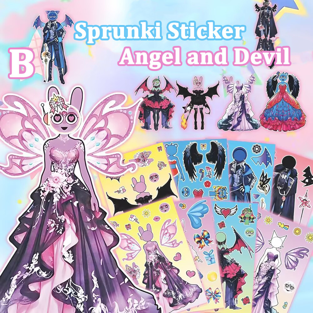 8PCS Angel และ Devil Edition Sprunki ปริศนาแต่งตัวสติกเกอร์เด็กหนังสือ ...