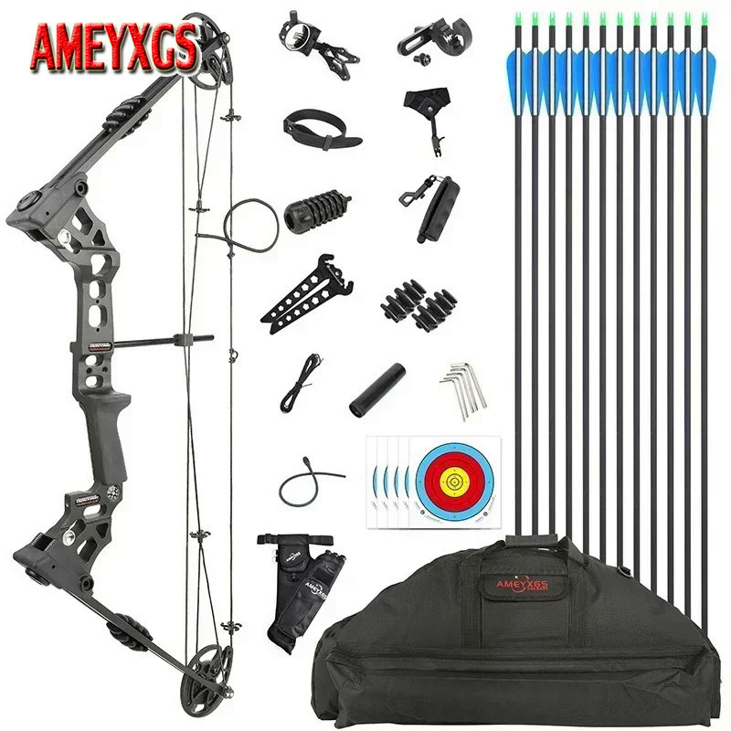 Arco Compound 34'' AMEYXGS 40-70lbs 342fps - Nero Regolazione 25-28'' Mano Destra Caccia