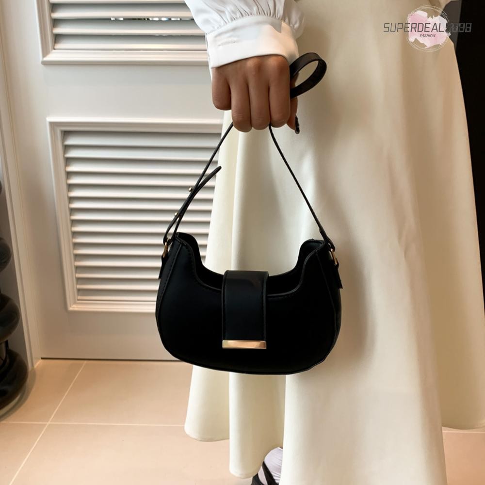 กระเป๋าถือผู้หญิง PU Leather Simple Shoulder Bag สีทึบ French Messenger