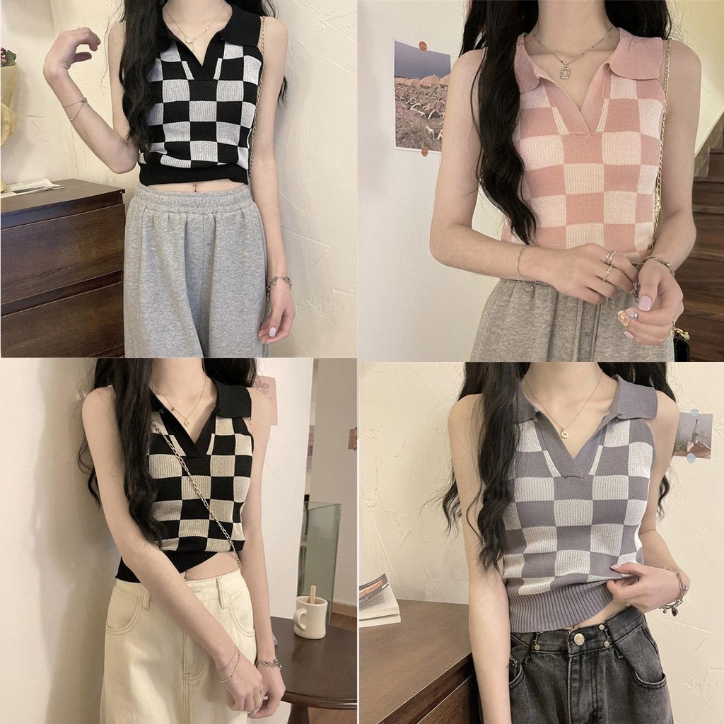 เสื้อครอปแขนกุดไหมพรมknit ทอลายตารางสลับสี สไตล์ฮิปสเตอร์สุดชิค ...