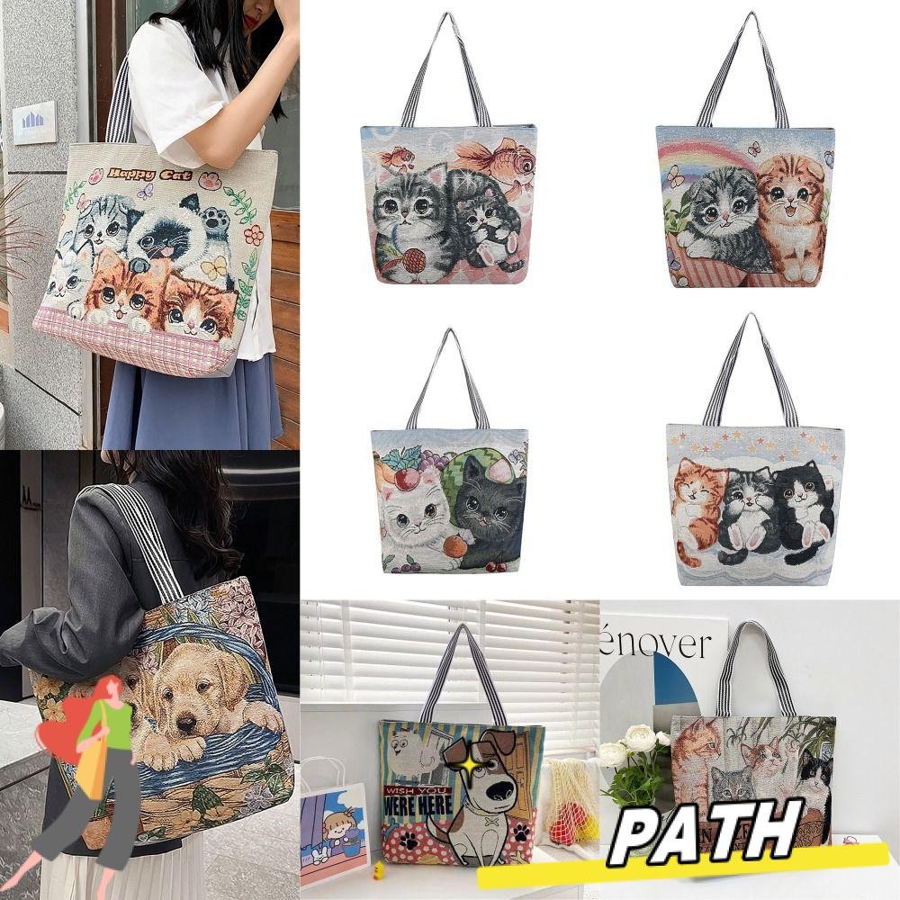 Path Bucket Handbags, Vintage เย็บปักถักร้อยผ้าใบกระเป๋า, แมวน่ารัก ...