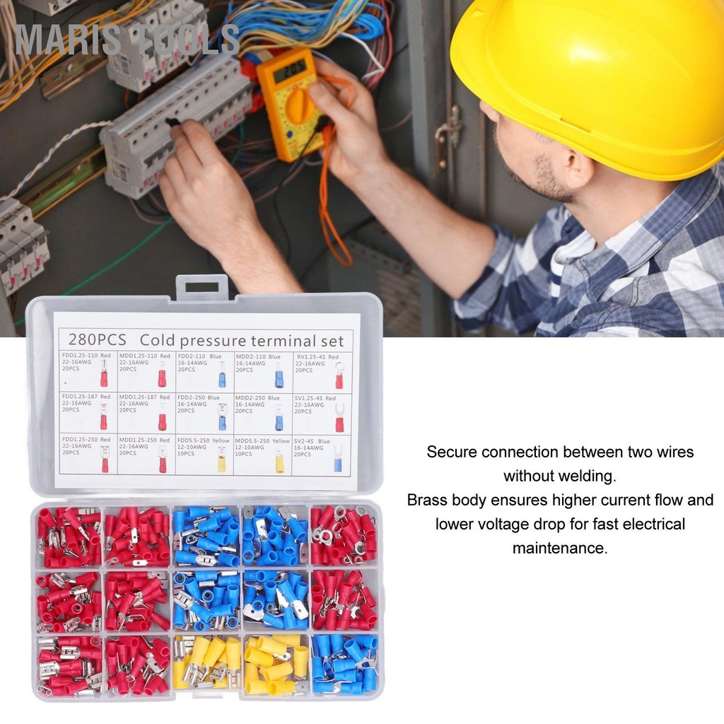 Maris Tools 280 ชิ้น Cold Pressed Terminal ทองเหลืองฉนวน Sheath การนำ ...