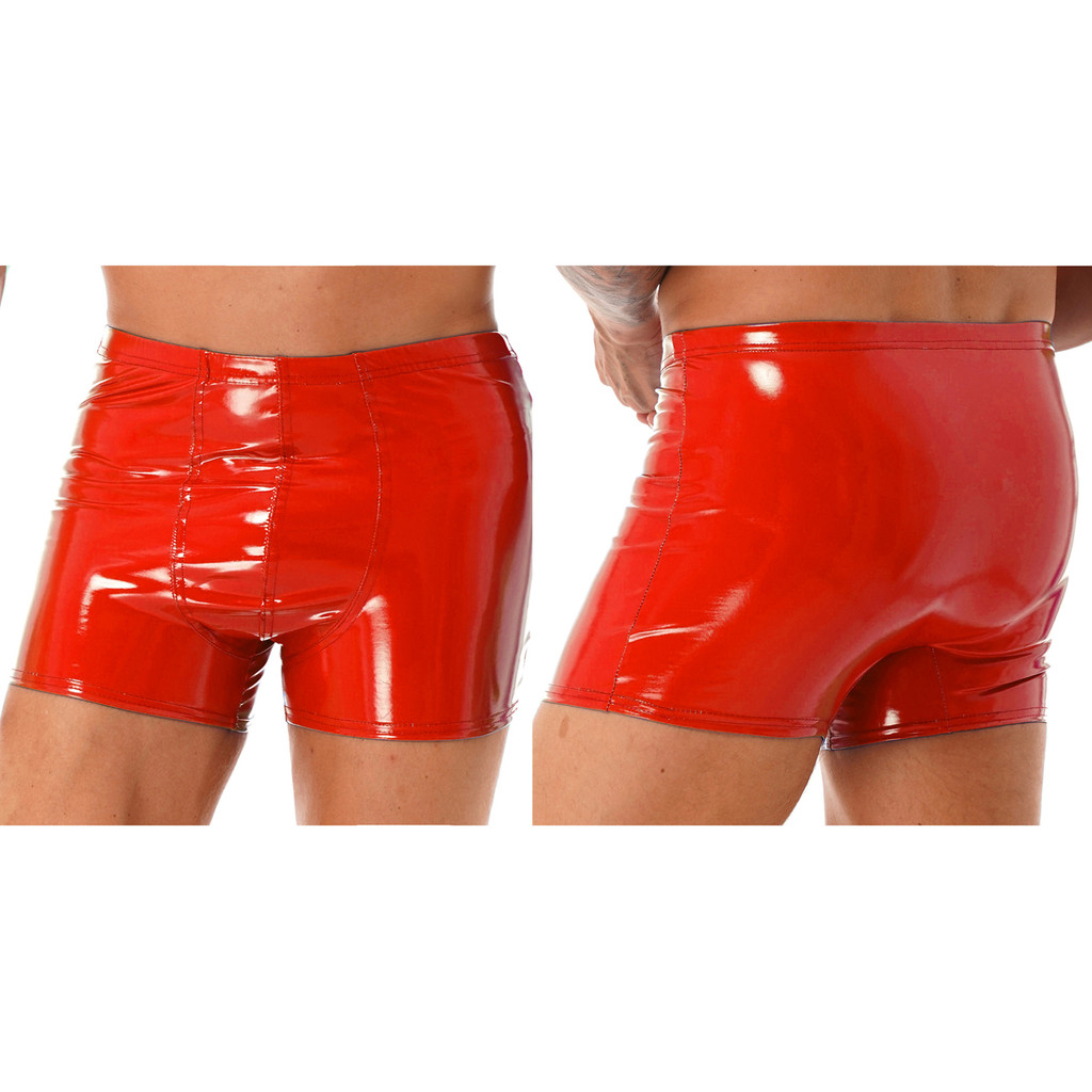 Nikiikoo Mens Wet Look Patent Leather Shorts Bulge Pouch Boxer Brief ...