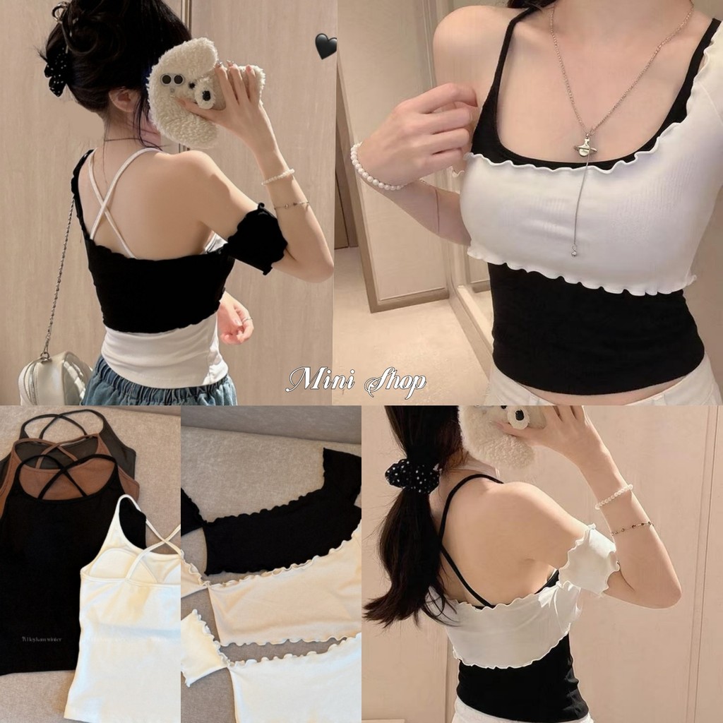 Mini shop🌸พร้อมส่ง🌸(FY5136) สายเดี่ยว+เสื้อปาดไหบ่ครอปสั้น ยืดพอดีสไตล์ ...