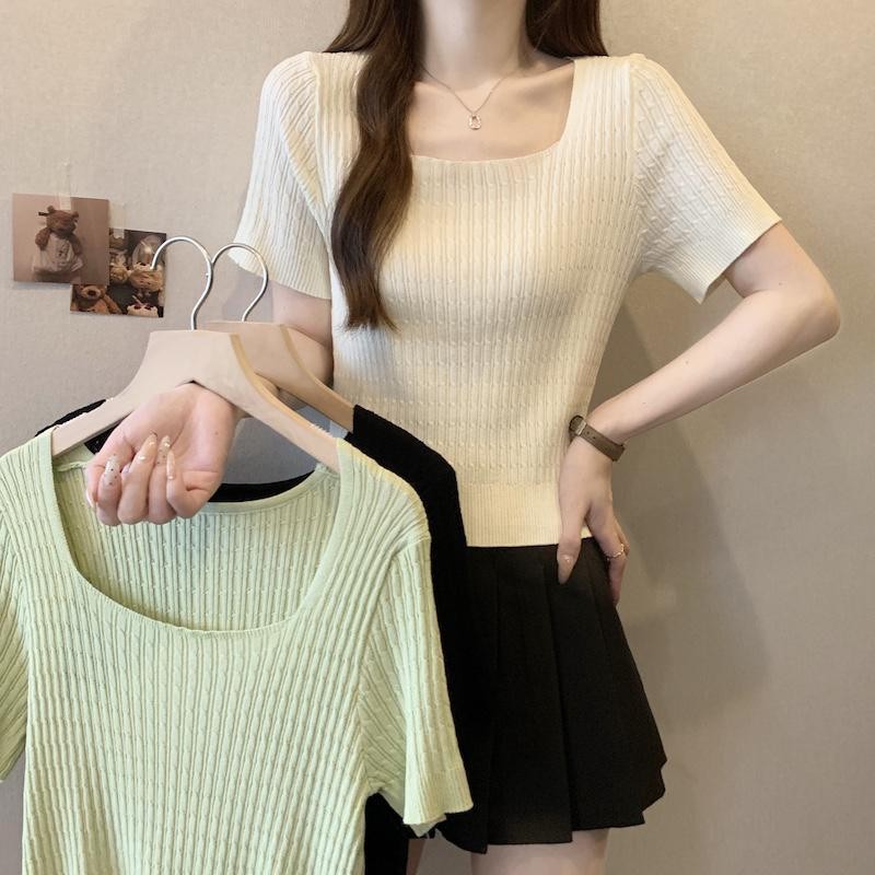 เสื้อยืดผ้าไหมน้ำแข็งสแควร์คออารมณ์ใหม่สำหรับสาวๆ ตัวยาวแขนสั้นสวมใส่ ...