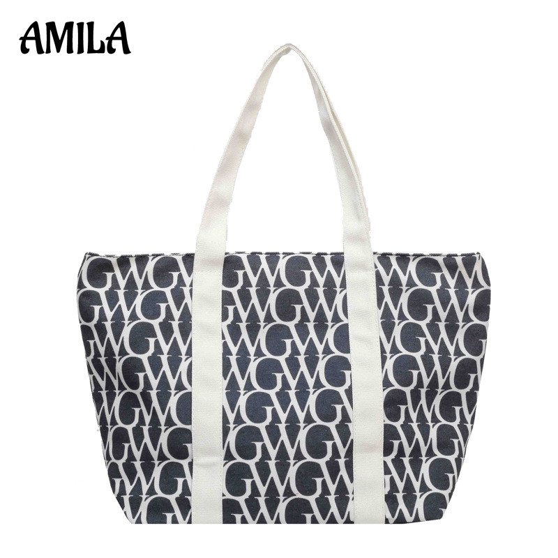 AMILA กระเป๋า tote พิมพ์ลายแฟชั่น ขนาดใหญ่ มีความจุมากสำหรับการใช้งานทุกวัน