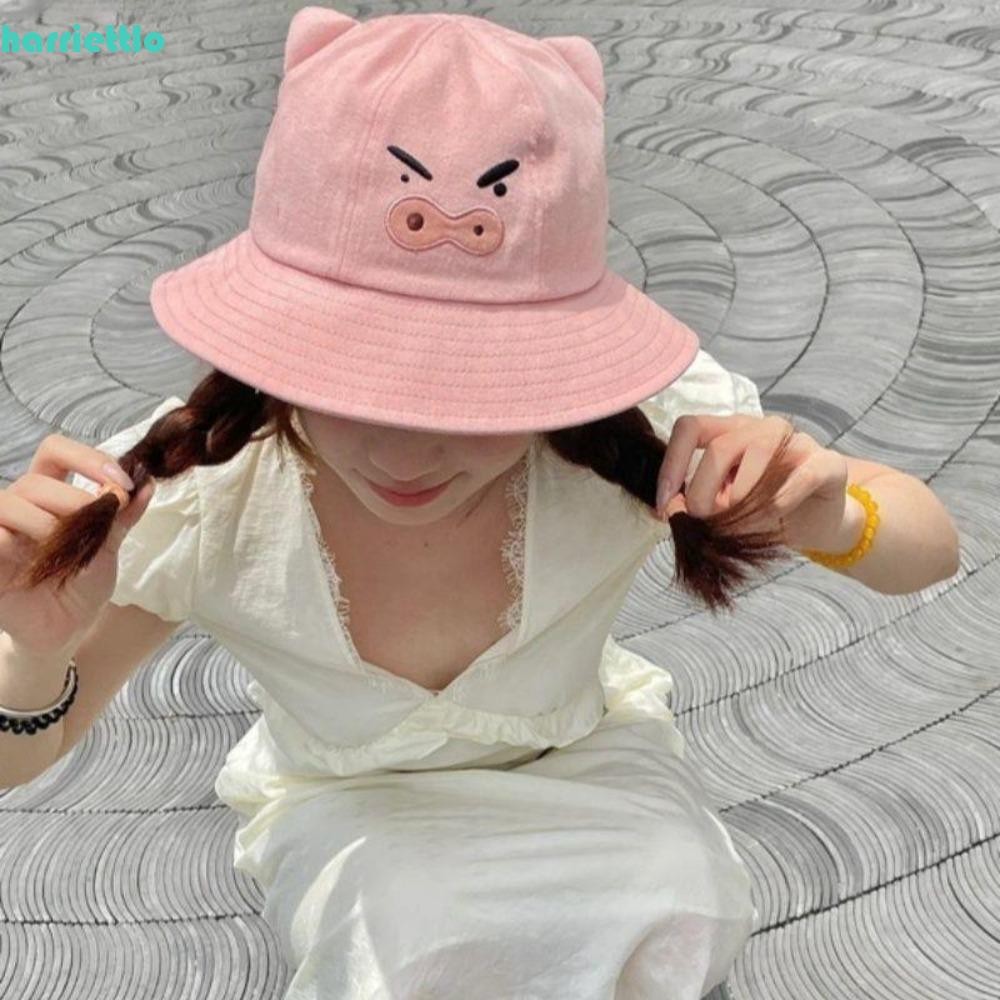 HARRIETTLO Burizaemon หมวกชาวประมง, หมวกไปข้างหน้าลูกหมูสีชมพูกันแดด ...