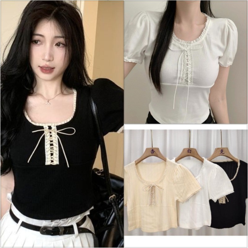 ฤดูร้อนผ้าไหมน้ําแข็งถักลูกไม้ Tie เสื้อยืดผู้หญิง Slim Casual แขนสั้น ...