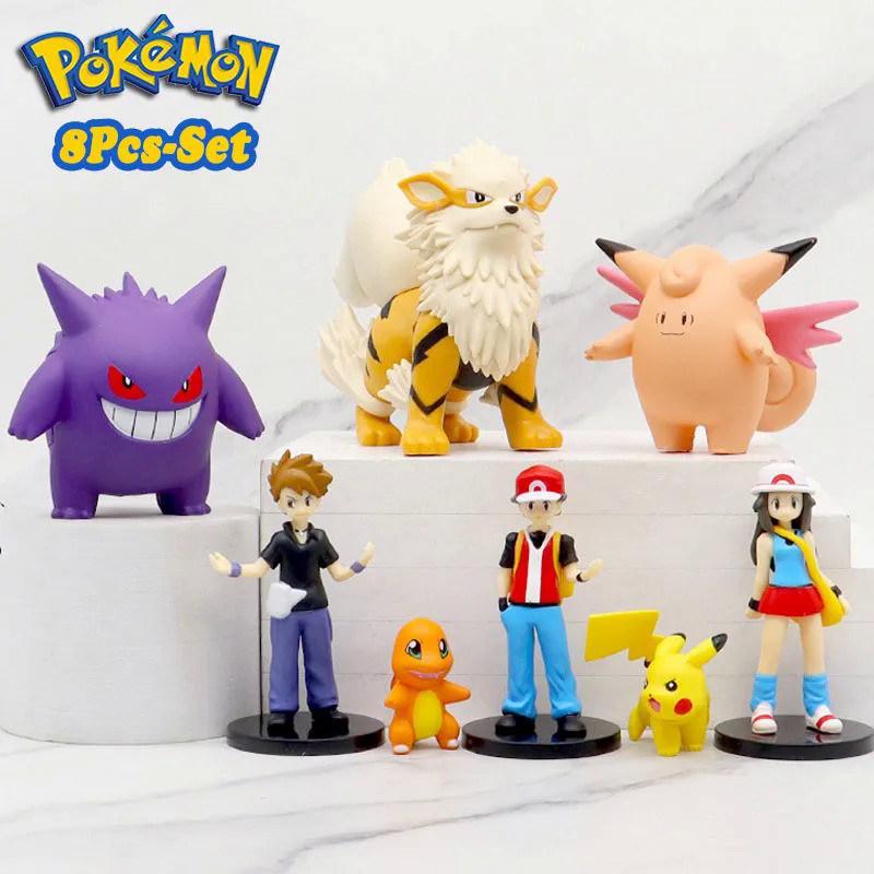 8Pcs/set Pokemon Anime Figures Scale World Trainer Red Pikachu ...
