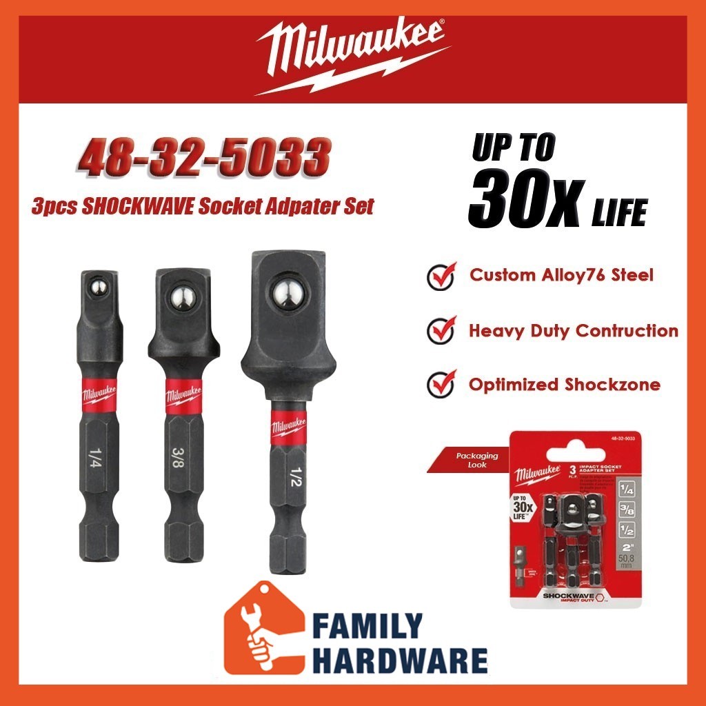 Milwaukee Shockwave 3 pcs Socket Hex Adapter Set (48-32-5033) 1/4 3/8 1/2 | Shopee Thailand