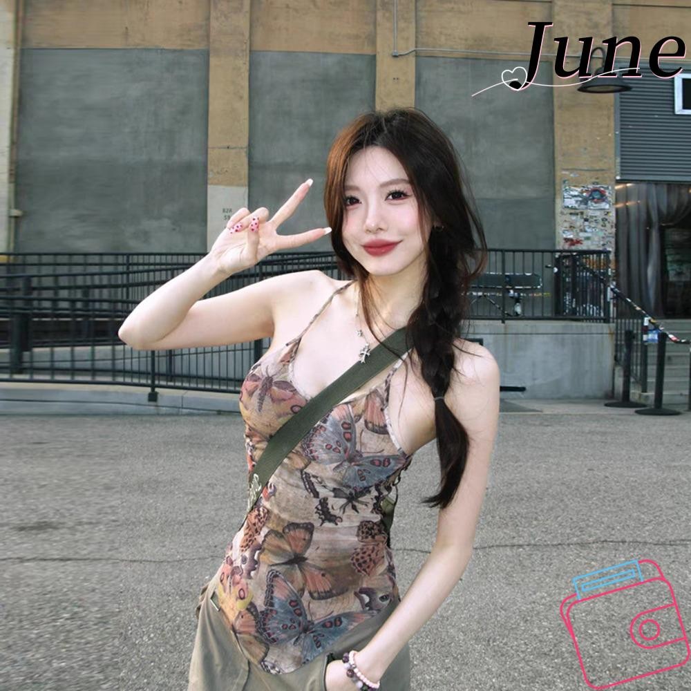 June สลิงแฟชั่น, เสื้อกล้ามผู้หญิงผ้าฝ้ายสั้น, ทรงเข้ารูปสีทึบเสื้อกั๊ก ...