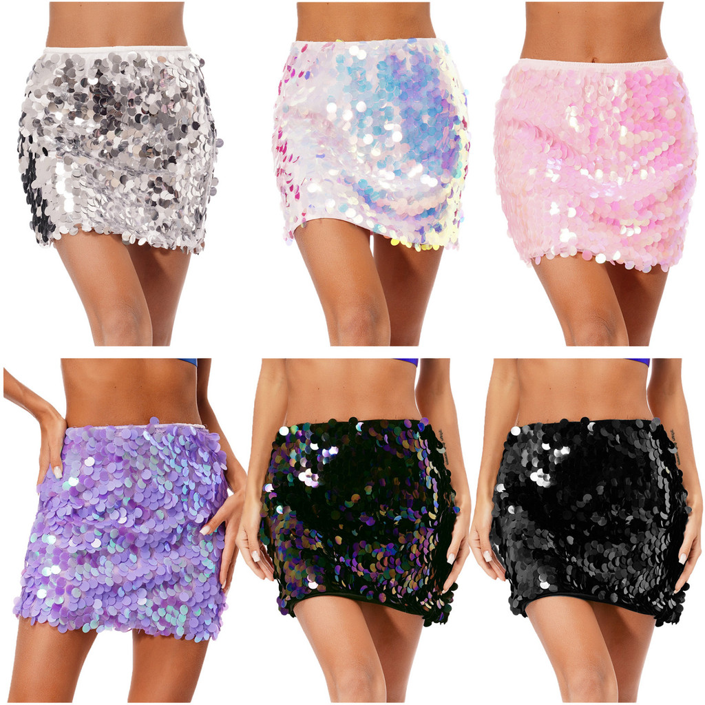 Yhong Womens Sparkly เลื่อมเอวสูง Party Club Mini Bodycon Rave กระโปรง ...