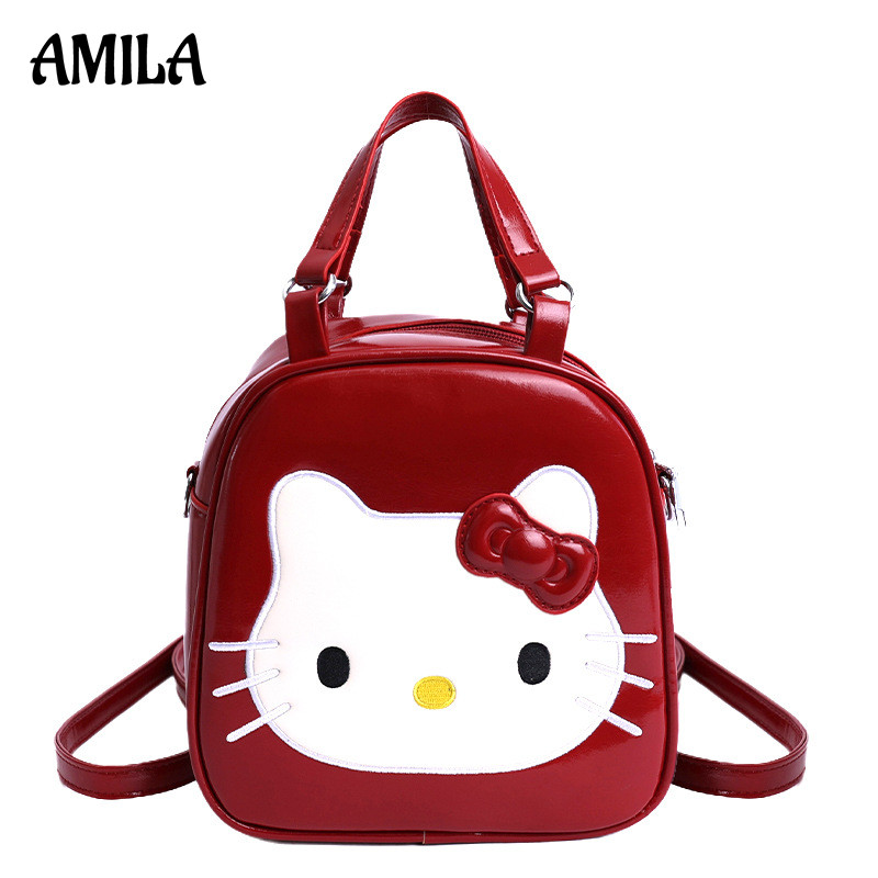 AMILA Hello Kitty กระเป๋าเป้สะพายหลัง Pu สำหรับผู้หญิง ปรับสายคล้องไหล่ได้ มินิมอลแฟชั่น