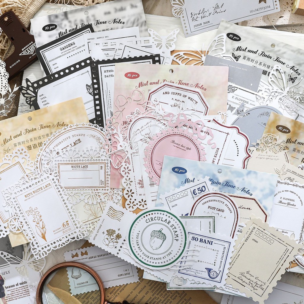 Wei 10 ชิ้น [ชุดหมอกและฝน] Vintage Journal Sticky Notes Kraft Memo Pad ...