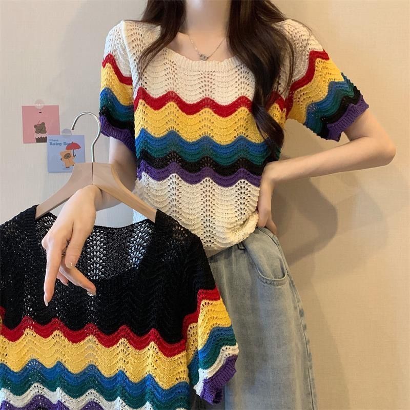 รุ้งลายผู้หญิงแขนสั้นบางกลวงด้านบนผ้าไหมน้ําแข็งเสื้อยืด | Shopee Thailand