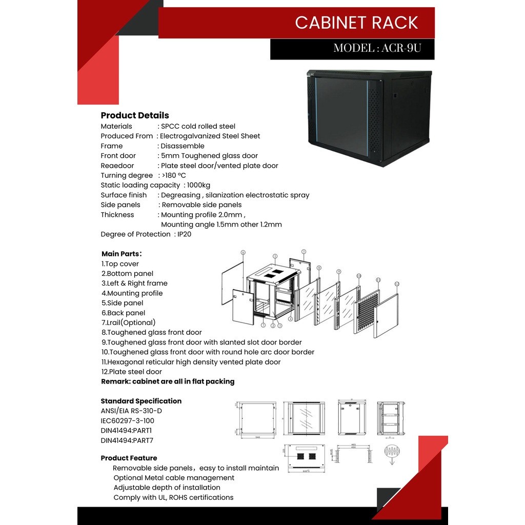 Apollo Network Cabinet ตู้ Rack 9U รุ่นACR-9U-60 ขนาด 60x60x50cm. (ลึก ...