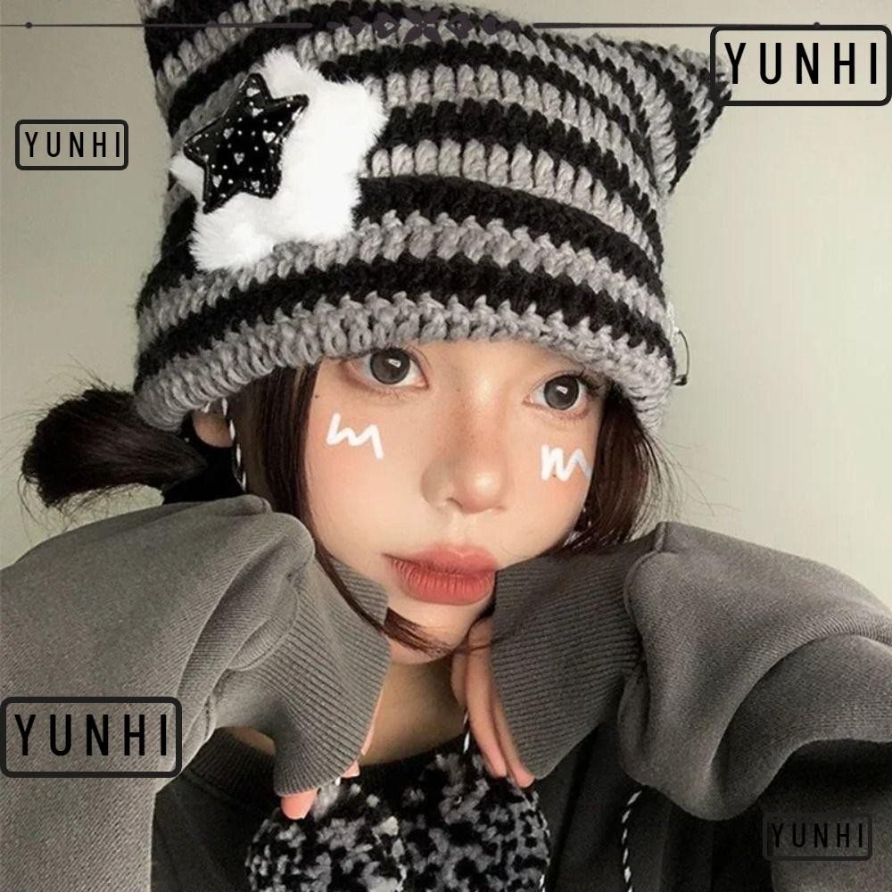 Yunhi Y2K Beanie Hat, Y2K Cute Striped Star Devil Hat, Womens Hat