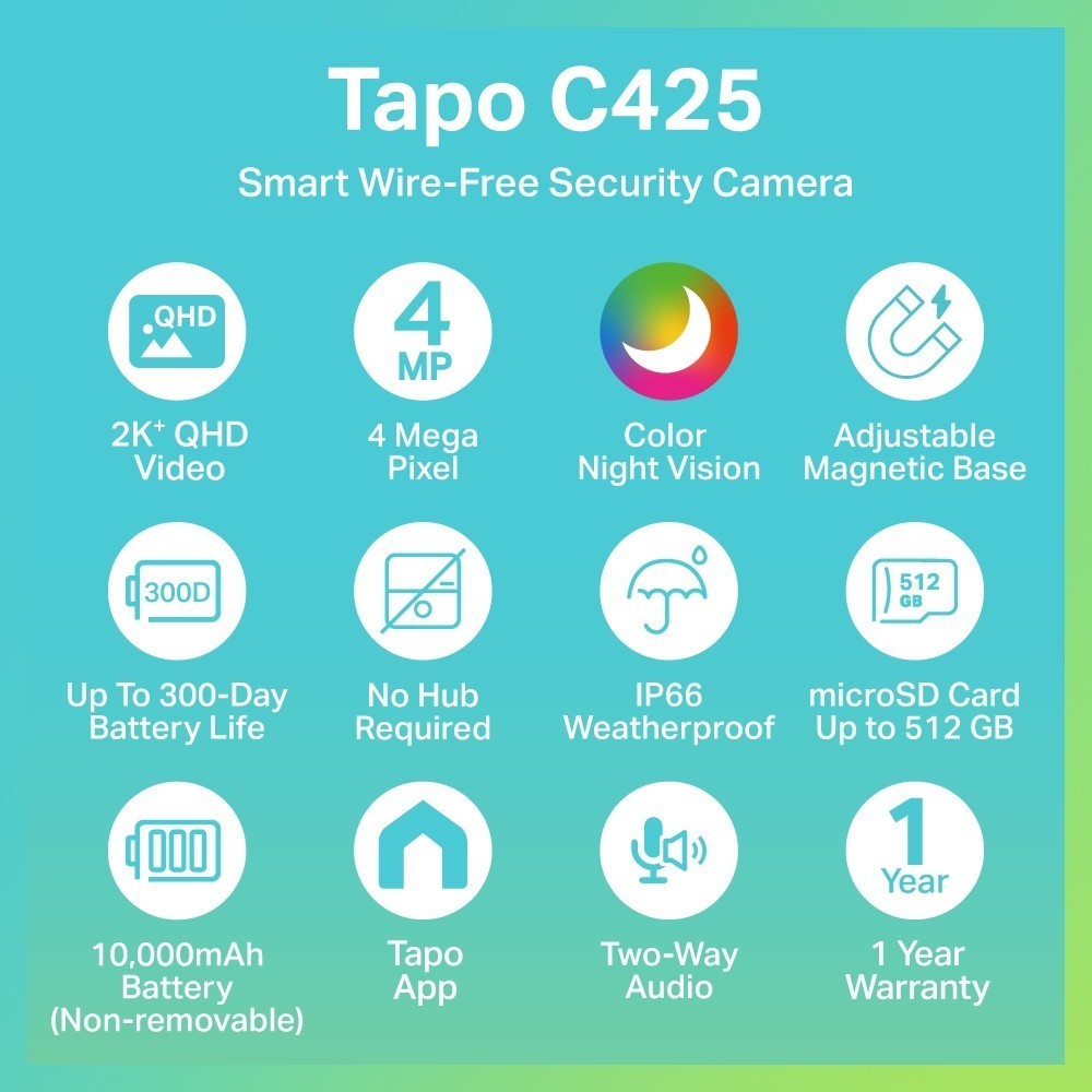 TP-Link Tapo C425 กล้องวงจรปิดไร้สาย + แบตเตอรี่ 4MP 2K QHD/ Tapo C425 ...