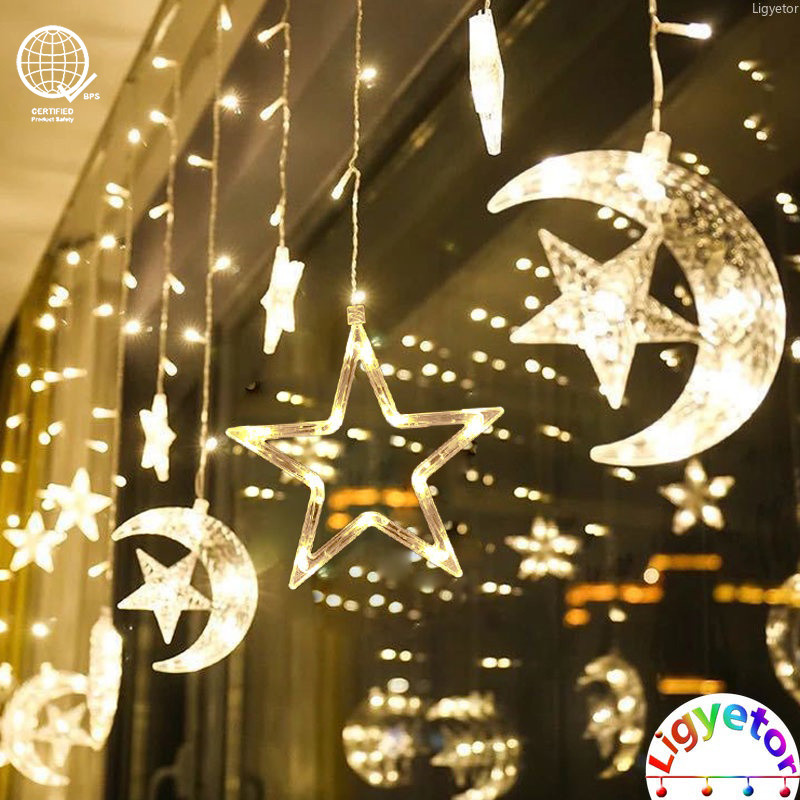 Ligyetor EID LED Star Moon Curtain String Lights สําหรับมุสลิมรอมฎอน ...