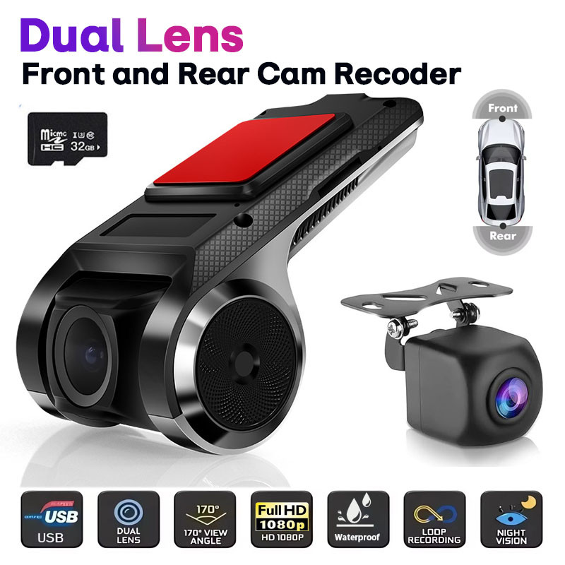 USB Car DVR ADAS Dashcam Dual Lens ด้านหน้าและด้านหลัง Cam Recoder ...