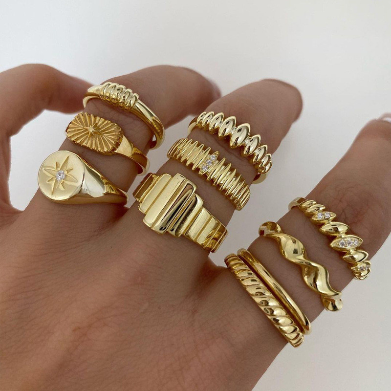 Jushi Joint Rings Octagons with Diamonds 10 ชิ้นชุดเครื่องประดับผู้หญิง ...