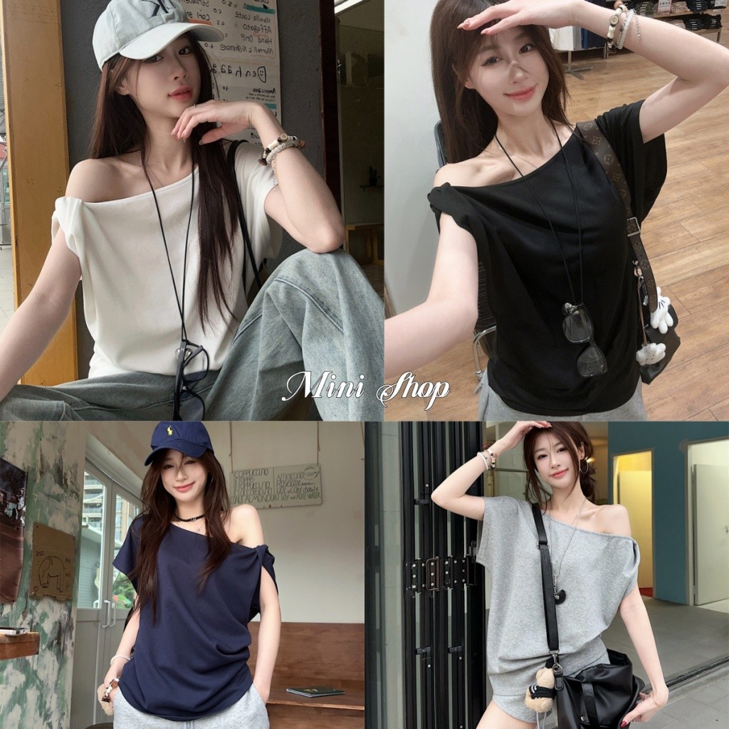 Mini shop🌸พร้อมส่ง🌸(FYP66)เสื้อเปิดไหล่ แขนสั้น สีพื้น ใส่สบาย ผ่า ...