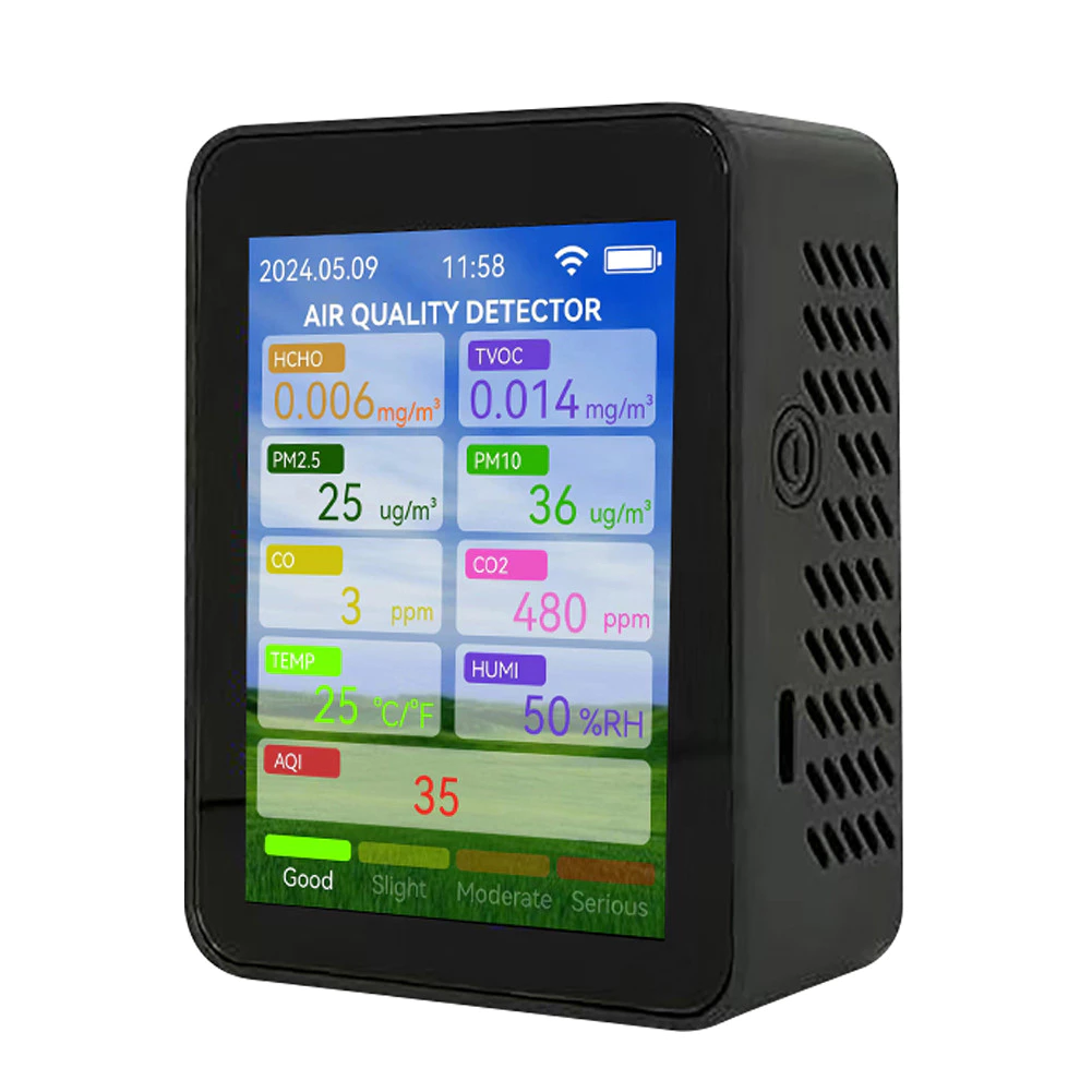 Tuya WiFi มัลติฟังก์ชั่น เครื่องตรวจจับคุณภาพอากาศ HCHO TVOC CO CO2 PM2.5 PM10 พร้อมวัดอุณหภูมิและความชื้น หน้าจอสี TFT 2.8 นิ้ว แบบพกพา