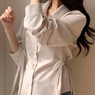 Áo sơ mi thường nữ phong cách doanh nhân, tay dài, cổ tròn, có dây buộc eo, dễ mặc cho mọi dịp