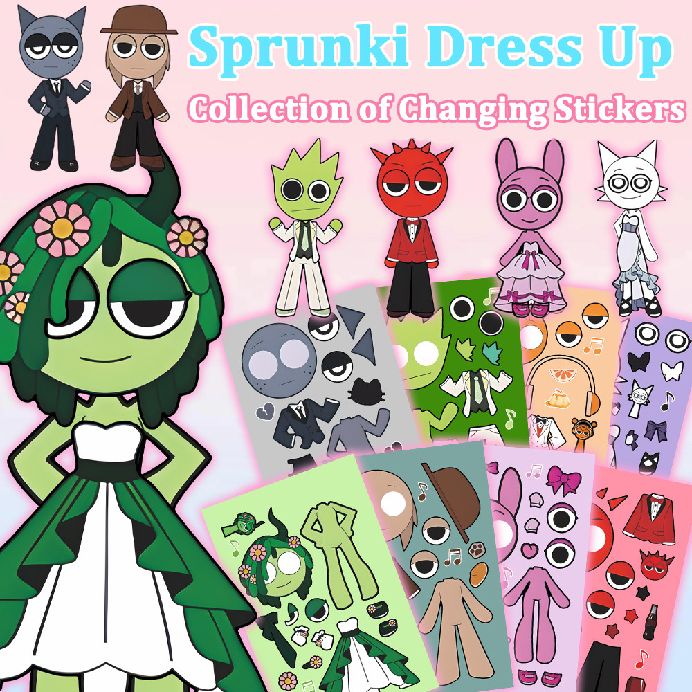 8PCS ขายดีที่สุด Sprunki เด็กสนุก DIY Creative การ์ตูน Dressing สติกเก ...