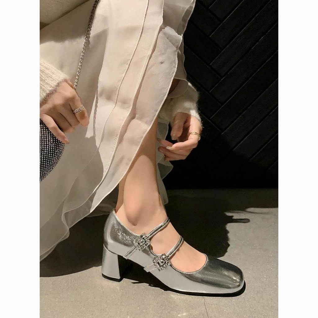 Bright Color-blocking Bow Thick-soled Buckle Chunky High Heels main image 1